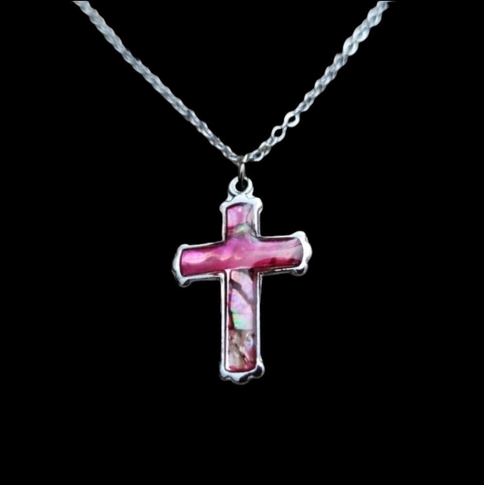 Cross Pendant Necklace Pink Mother Of Pearl Silver Tone